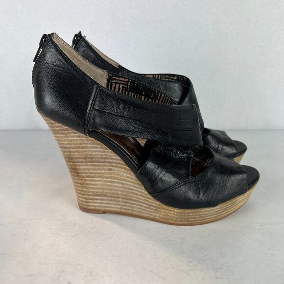 Seychelles Sandals Womens 8.5 Black Leather Wedge Stacked Heel Criss‎ Cross - Picture 2 of 15